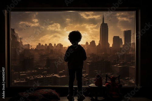 silhouette of an orphaned child stands in the ruins looking at skyscraper from afar. generative ai