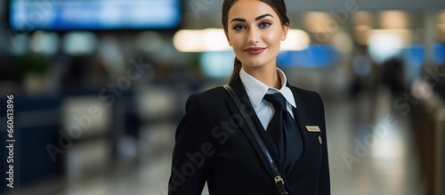 Smiling flight attendant in uniform looking at camera