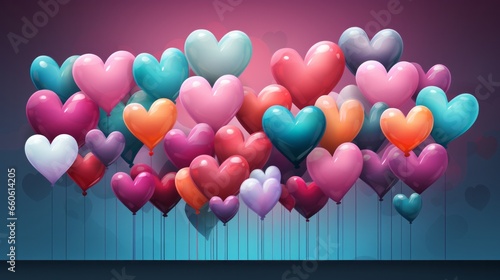 A vibrant burst of magenta and pink balloons, shaped into hearts, add a playful and lively touch to the colorful background