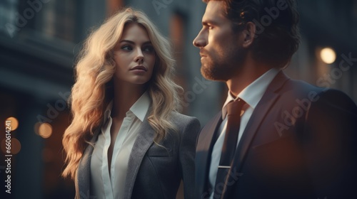 A dapper gentleman in a tailored suit and blazer locks eyes with a fierce woman in street fashion, their clothing and hair billowing in the outdoor breeze, as they stand in perfect symmetry
