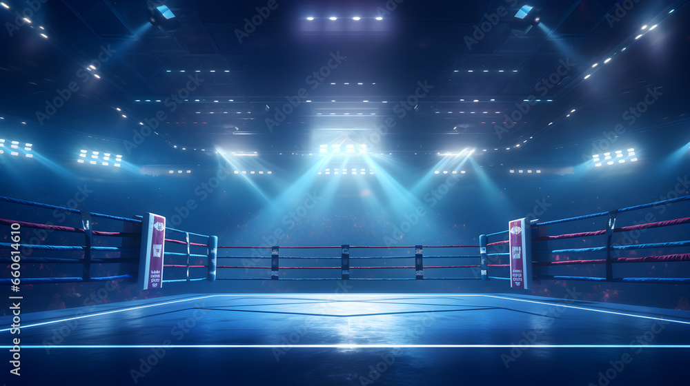 Boxing fight ring close-up shot, Interior view of sport arena with fans and shining spotlights - obrazy, fototapety, plakaty 