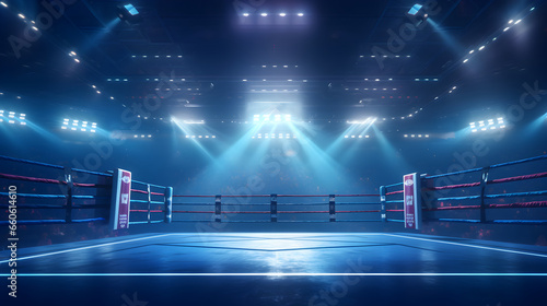Boxing fight ring close-up shot, Interior view of sport arena with fans and shining spotlights