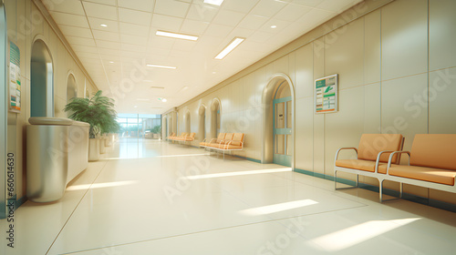 Empty corridor in a modern hospital compound with waiting area