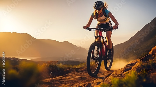 Female cyclist riding a bike on mountain trail, woman on sports bicycle