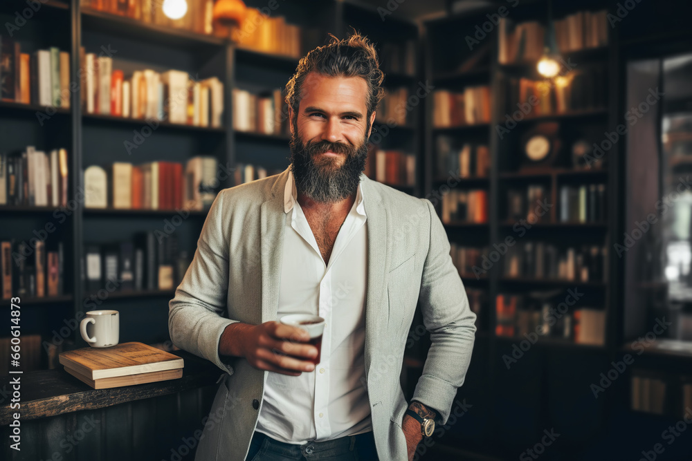 Brutal bearded man drinks cofee in bookstore Brutal bearded man drinks cofee in bookstore