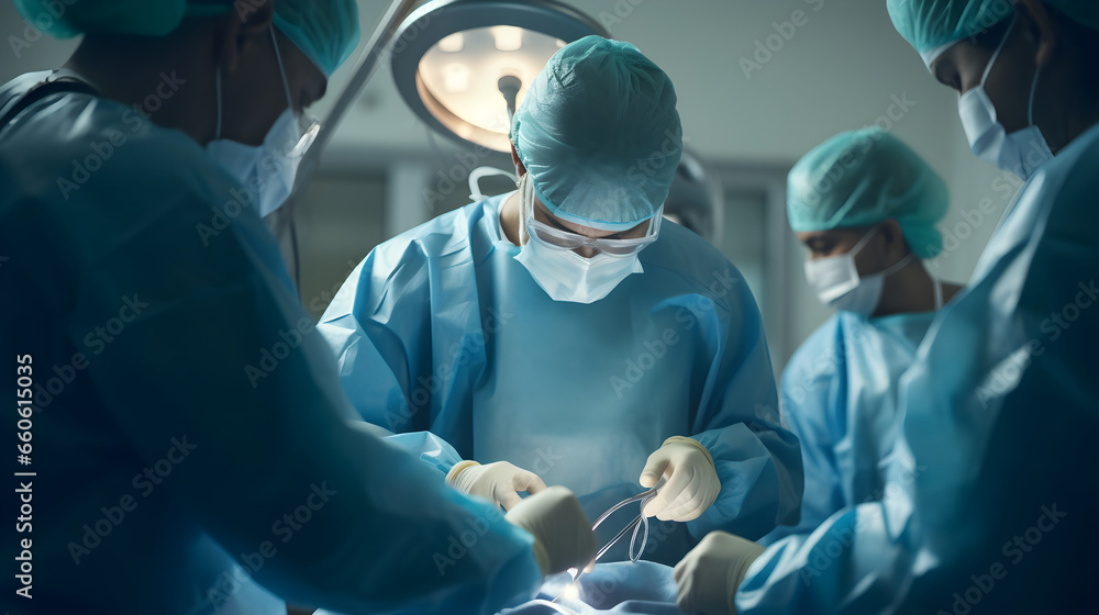 Team of surgeon doctors performing heart surgery operation for patient from organ donor in emergency surgical room Team of surgeon doctors performing heart surgery operation for patient from organ donor in emergency surgical room