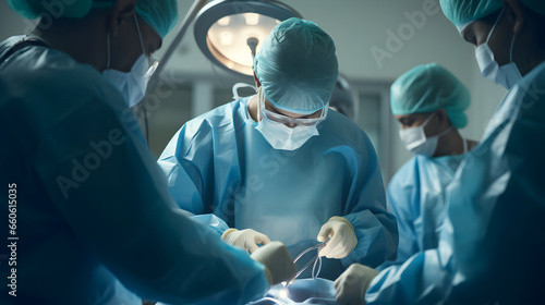 Team of surgeon doctors performing heart surgery operation for patient from organ donor in emergency surgical room photo