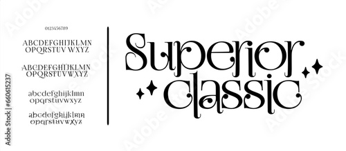 Classic Typography Minimal Fashion Designs. Typeface modern serif fonts and numbers. Elegant stylish alphabet letters font, ligatures, and vector