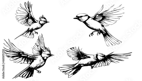 Vintage engraving of isolated bird set, illustration ink humming sketch. Bird silhouette art background. Black and white hand drawn vector image © Екатерина Переславце