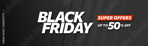 Design of Black Friday web banner. Template with modern linear typography text illustration isolated on black background with red details. Special offer 50% off sale horizontal banner.