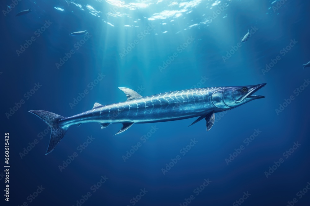 A picture of a large fish swimming in the depths of the water. This image can be used to depict marine life or underwater exploration. - obrazy, fototapety, plakaty 