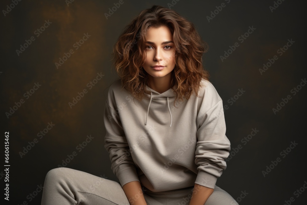 studio photo of a beautiful supermodel, wearing a simple bright warm sweatshirt and trousers studio photo of a beautiful supermodel, wearing a simple bright warm sweatshirt and trousers