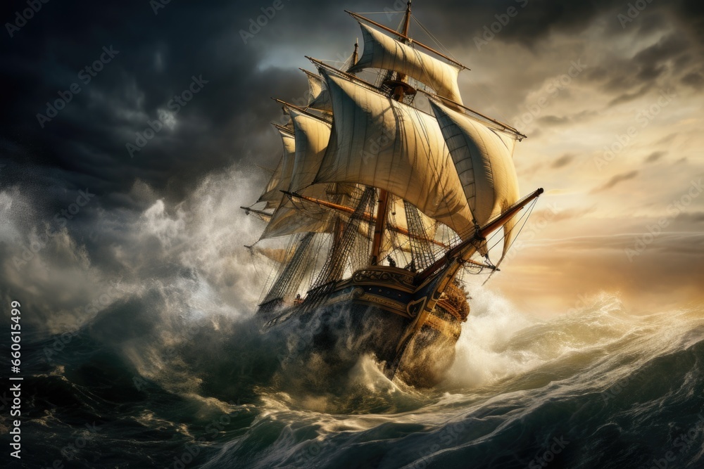A large sailboat braving the stormy ocean. This image can be used to depict adventure, resilience, or the power of nature.