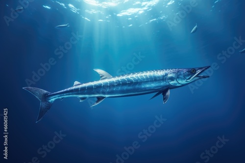 A picture of a large fish swimming in the depths of the water. This image can be used to depict marine life or underwater exploration.
