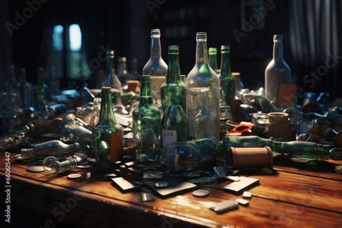 A collection of empty glass bottles arranged neatly on a table. This image can be used to represent recycling  waste management  or eco-friendly initiatives.