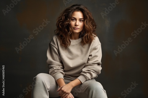 studio photo of a beautiful supermodel, wearing a simple bright warm sweatshirt and trousers