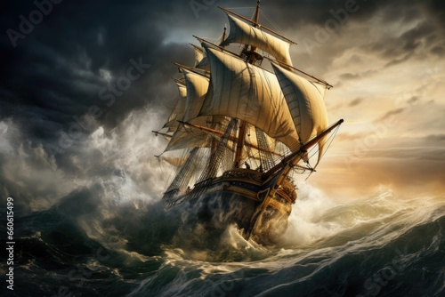 A large sailboat braving the stormy ocean. This image can be used to depict adventure, resilience, or the power of nature.