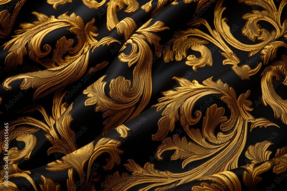 A detailed close-up view of a fabric with a black and gold color combination. This image can be used for various design projects and to add an elegant touch to any creative work.