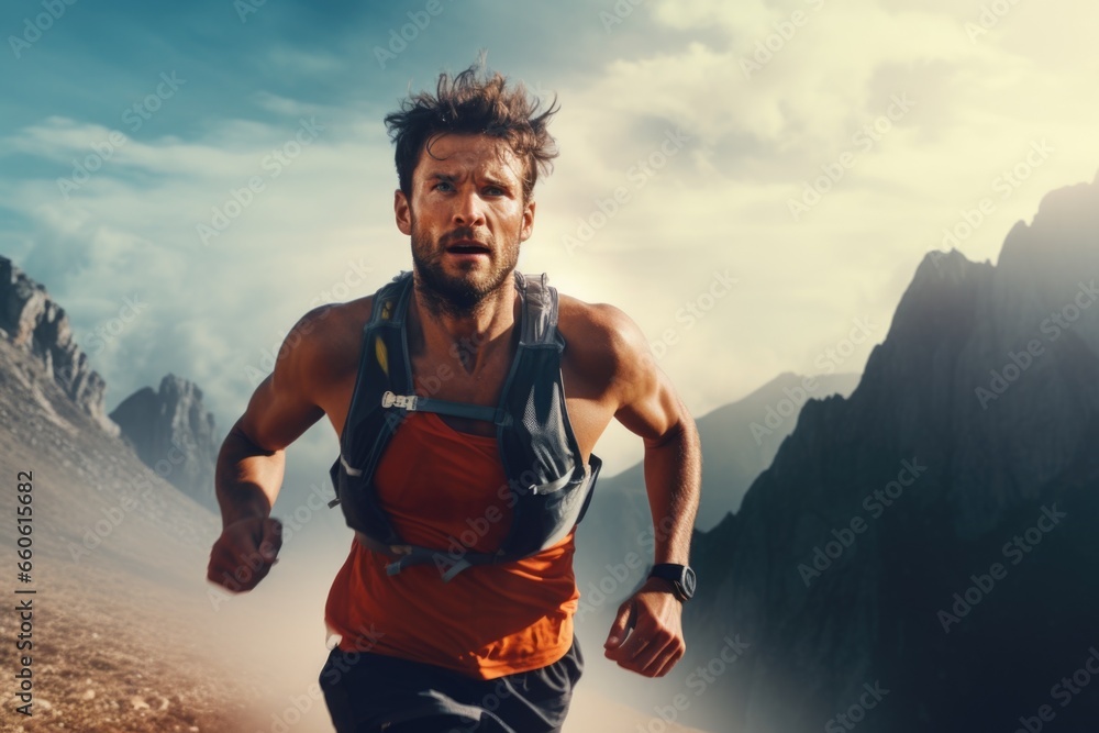 A man is captured running on a trail in the mountains. This image can be used to depict adventure, fitness, and outdoor activities.