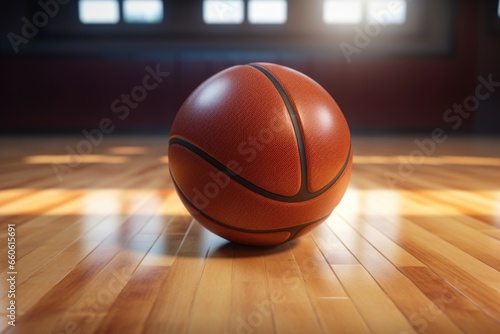 A basketball ball sitting on top of a wooden floor. Perfect for sports and basketball-related projects.