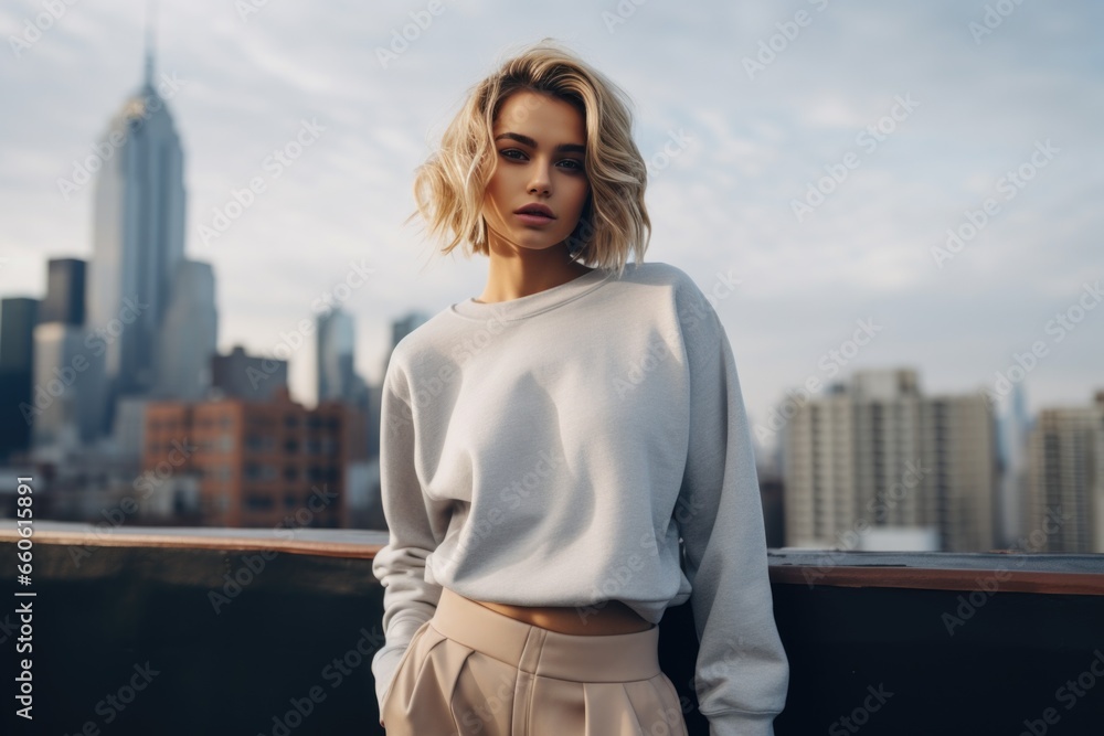 studio photo of a beautiful supermodel, in a simple bright warm sweatshirt and trousers against the backdrop of a big city