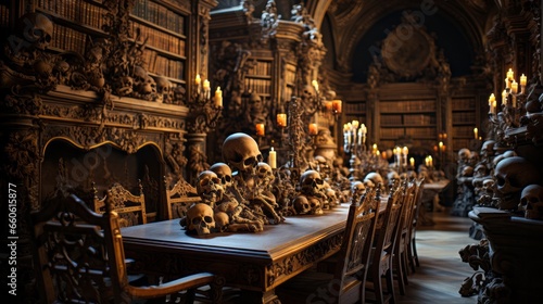 A hauntingly beautiful scene, with a dark wooden table adorned with macabre skulls, flickering candles casting an eerie glow, a regal chair standing guard next to a looming statue