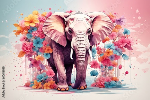 A detailed illustration of a print of a colorful baby elephant with flowers. ai generative