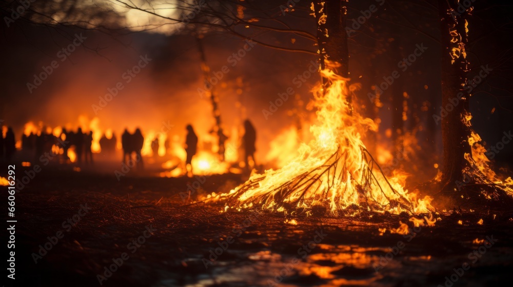 Amidst the untamed night, a primal bond forms between a circle of individuals, huddled around a roaring fire, surrounded by the heat and glow of the flames Amidst the untamed night, a primal bond forms between a circle of individuals, huddled around a roaring fire, surrounded by the heat and glow of the flames