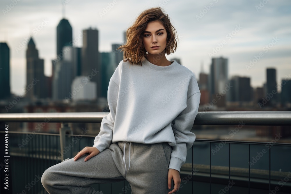 studio photo of a beautiful supermodel, in a simple bright warm sweatshirt and trousers against the backdrop of a big city