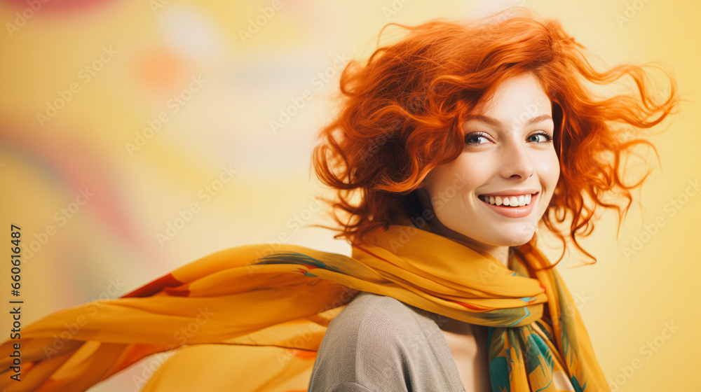 A beautiful, smiling young woman with red hair, wearing a long, colorful scarf billowing in the wind in autumn colors. A beautiful, smiling young woman with red hair, wearing a long, colorful scarf billowing in the wind in autumn colors.