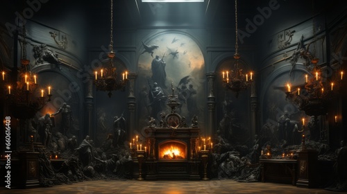 Softly glowing firelight illuminates the intricate statues adorning the walls of a grand room, casting a warm and mesmerizing light upon the elegant space