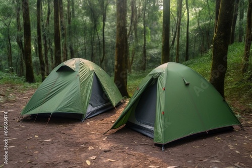 Two green tents in forest campsite for wilderness camping, adventure recreation, remote living, spring or summer vacation. Generative AI