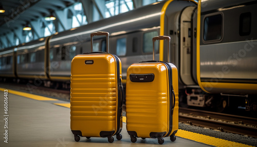 Well-lit, new suitcases by train ready for travel. Clean, empty platform generative ai