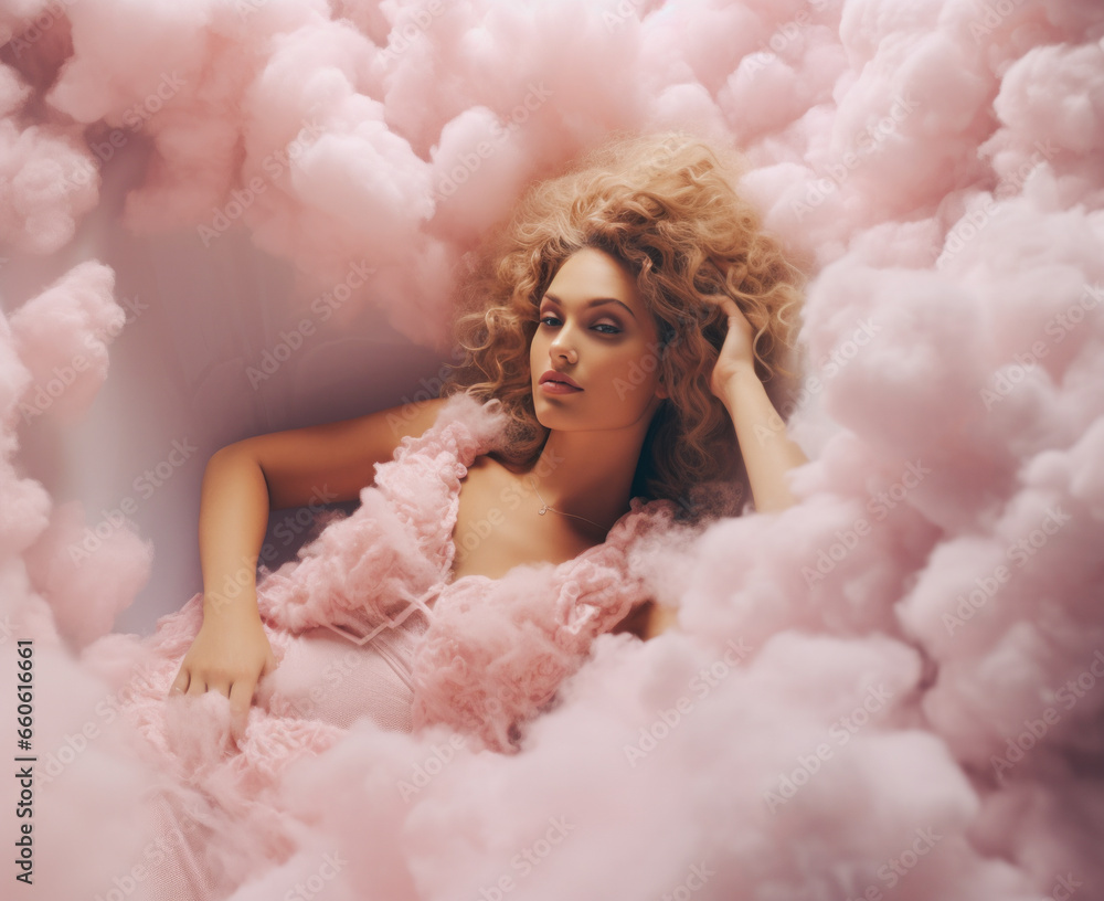 A beautiful woman in extravagant outfit with curly hair is lying in a bathtub filled with pink foam that floats around her in a luxurious bathroom. A beautiful woman in extravagant outfit with curly hair is lying in a bathtub filled with pink foam that floats around her in a luxurious bathroom.