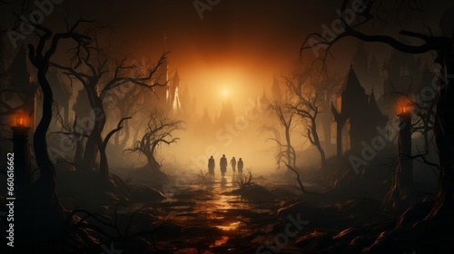 A group of adventurers trek through the foggy forest, shrouded in the mystical mist of the night, their eyes fixated on the looming castle amidst the wild landscape of nature