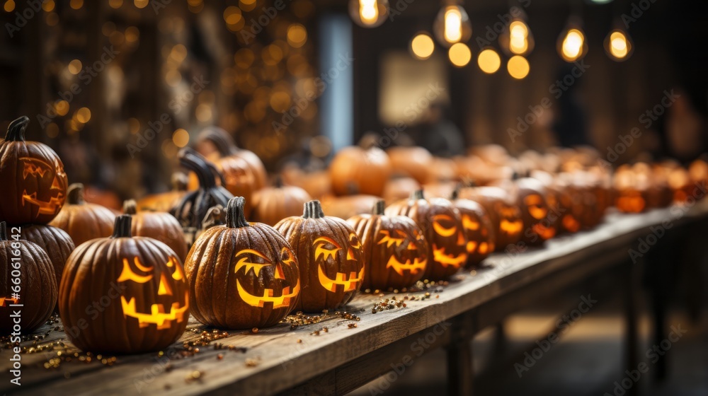 A festive display of autumnal vegetables, adorned with intricate carvings and basking in the crisp outdoor air, evokes a sense of halloween whimsy and the rich harvest of fall - obrazy, fototapety, plakaty 