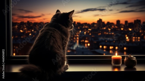 Amidst vibrant cityscape, feline perches on windowsill, mesmerized by glowing sky and flickering candlelight, lost in a contemplative moment between the warm embrace of indoors and the wild freedom