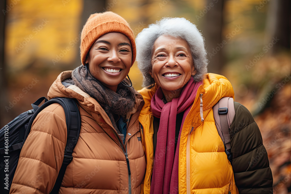 mujeres sonrientes con ropa de invierno posando en un bosque con fondo otoñal desenfocado