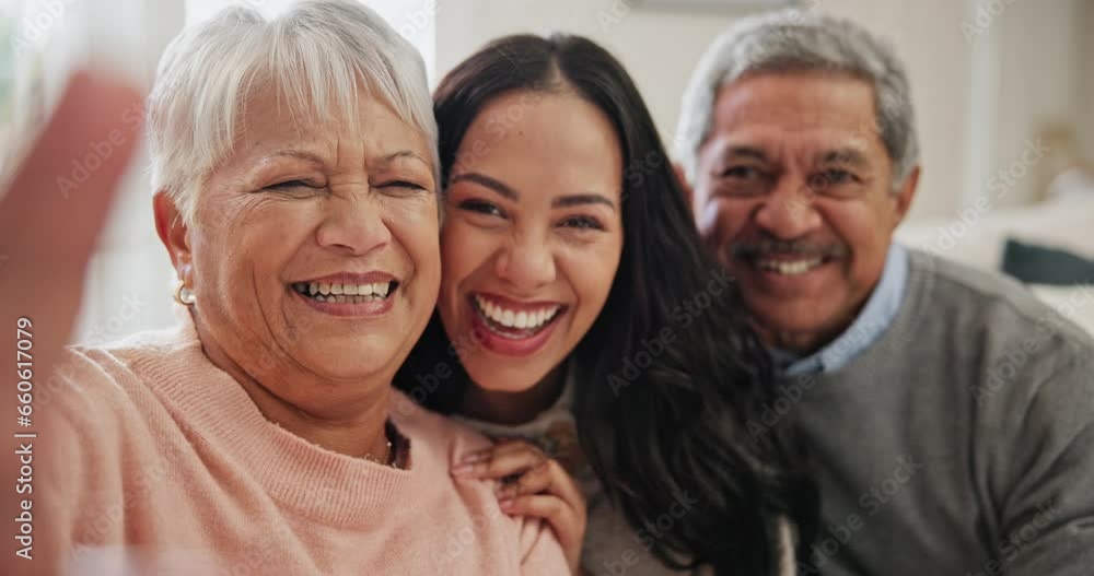 Family selfie, woman and senior parents in a living room with peace, hands and bonding. Portrait, happy family and female with elderly people in a house smile for profile picture, memory and love Family selfie, woman and senior parents in a living room with peace, hands and bonding. Portrait, happy family and female with elderly people in a house smile for profile picture, memory and love