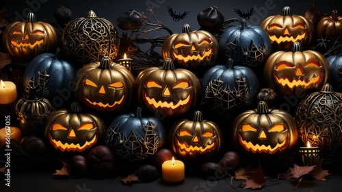 A haunting gathering of glowing cucurbits, adorned with flickering candles and accompanied by fluttering bats, sets eerie mood for wild halloween night filled with trick-or-treating photo