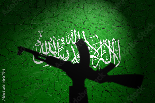 Flag of Hamas painted on the cracked wall. Gaza and Israel war. Terrorist organization Hamas
