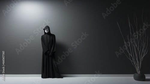 A mysterious figure cloaked in a black robe and mask stands motionless, like a living statue against the stark white wall, their presence adding an air of intrigue and artistry to the indoor space