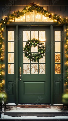 Festive Christmas natural home porch decoration with pine wreaths and garlands  vertical format