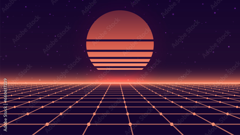Abstract futuristic background in retro style. Digital perspective grid landscape with sun of the 80s. Wireframe vector illustration. - obrazy, fototapety, plakaty 