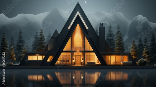 A mystical winter wonderland, with a triangular house perched amidst foggy mountains and towering trees, its large window revealing a reflective lake beneath the starry night sky photo