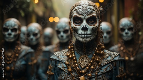 A mysterious group dons ornate masks, their bodies adorned with skull jewelry, as they gather around a towering outdoor statue, embodying the enigmatic energy of a masquerade © Envision