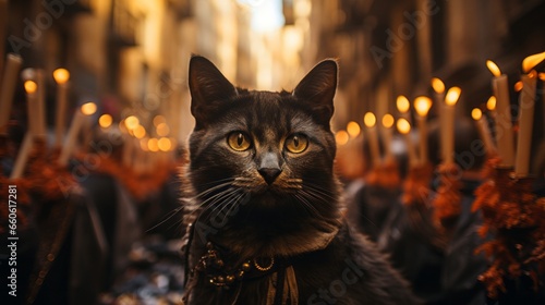 In the flickering light of a solitary candle, a sleek black cat with piercing yellow eyes prowls through the darkness, embodying both grace and mystery as a wild and untamed creature of the night