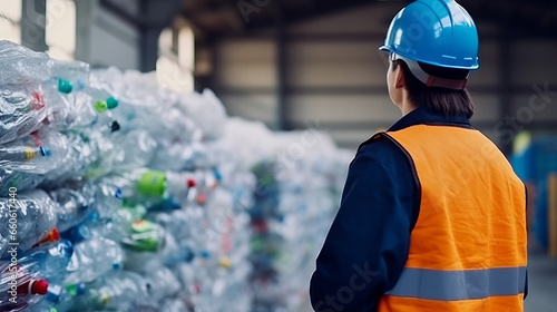 Engineer Standing and looking back The plastic bottle in the recycling industry photo