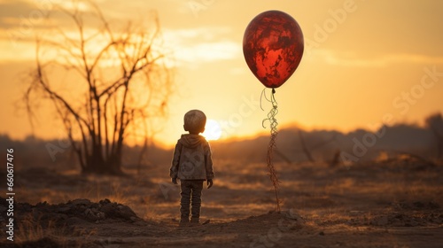 A curious boy stands in a field at sunset, his eyes fixed on a vibrant red balloon floating against the vast sky, a symbol of freedom and adventure