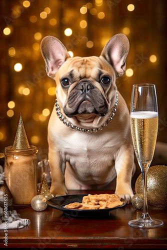 A French bulldog with a glass of champagne celebrating the new year. Holiday decorated, Christmas lights on background. © ita_tinta_